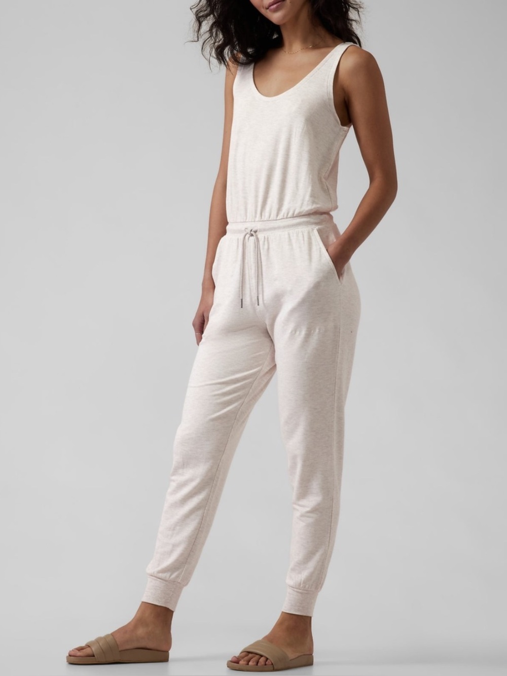 Athleta Balance Lounging Jumpsuit in French Terry Toasted Heather Brown